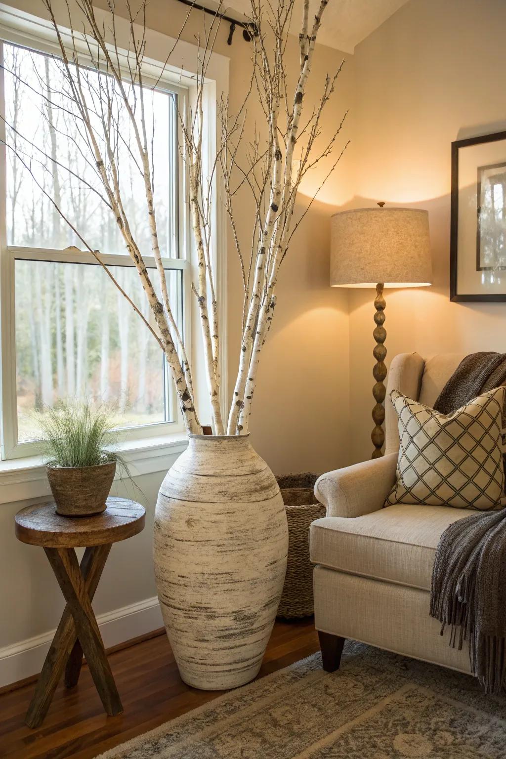 Tall birch twigs in a floor vessel introduce natural texture to a snug family room corner.