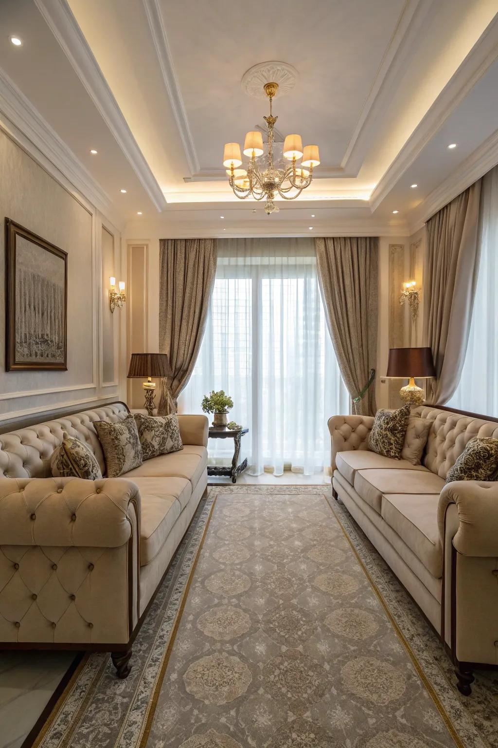 A formal living room environment featuring two sofas positioned directly across from one another.