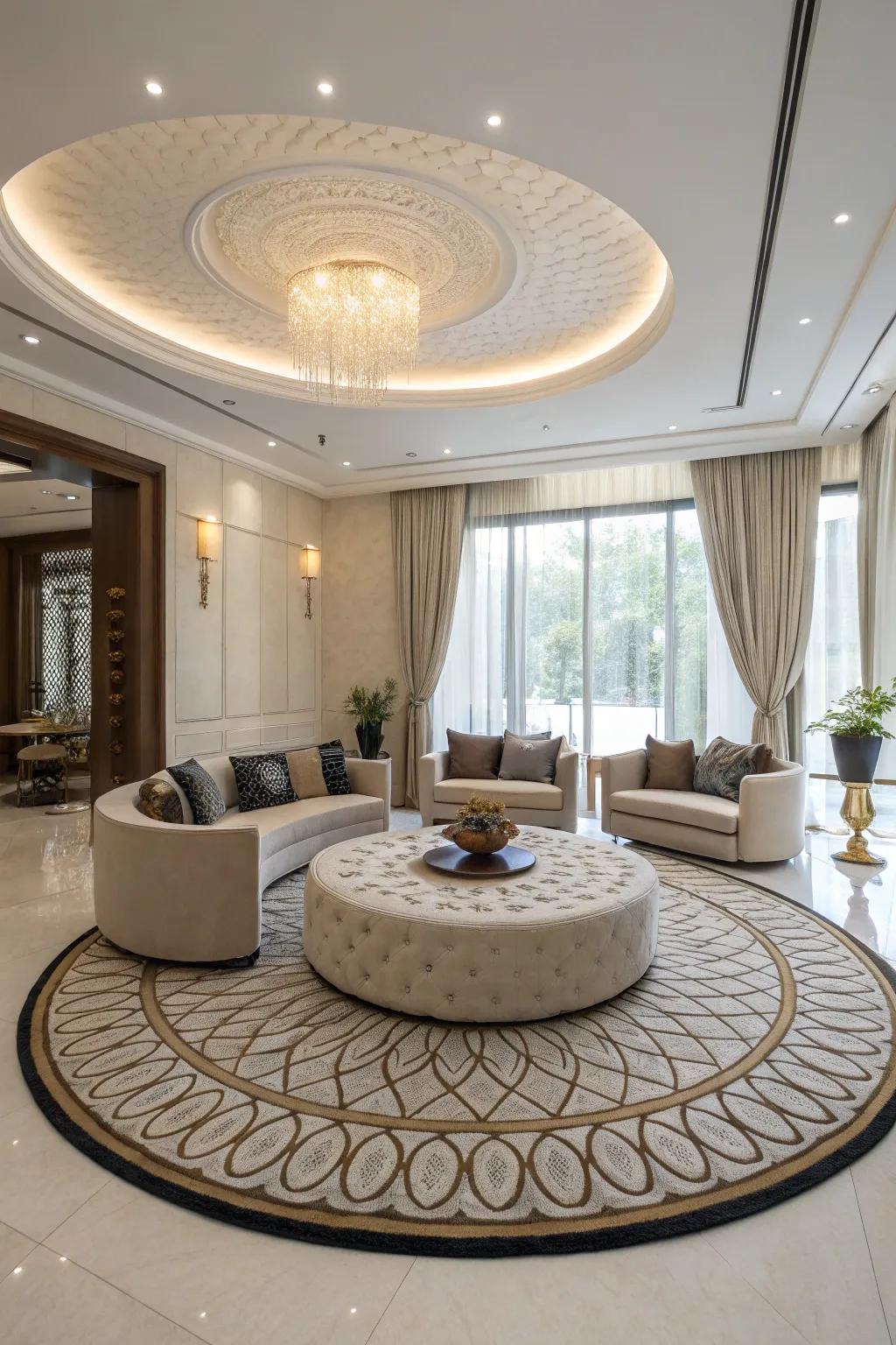 Round rugs add dynamic flow and soften the edges of a room.