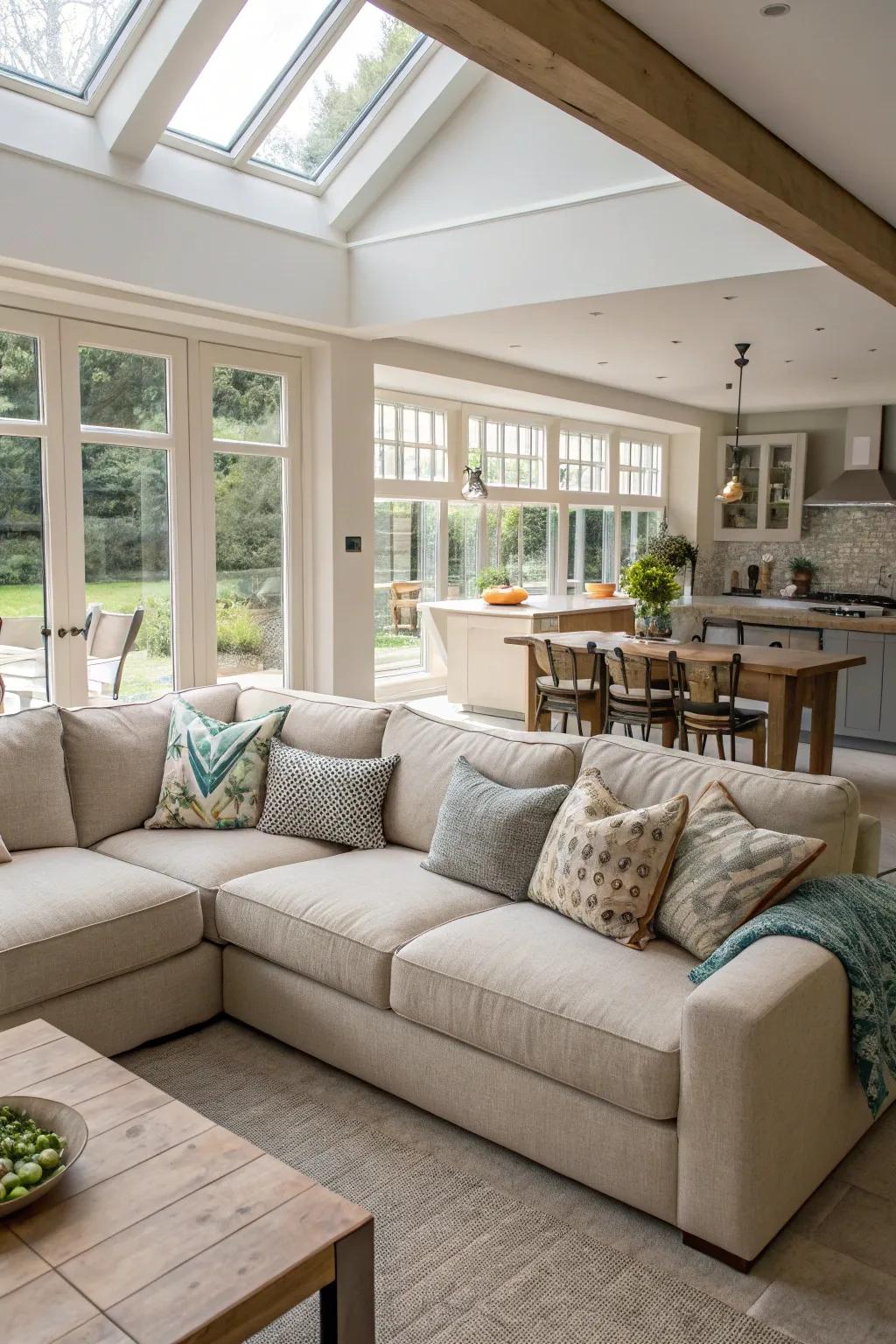 Characterize distinct zones within an open-plan living room.