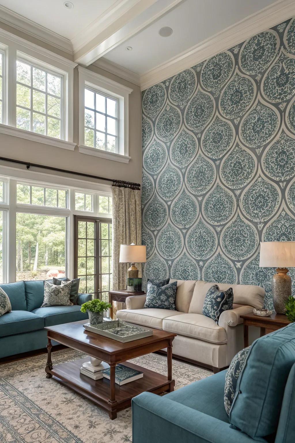 A bold accent wall in a living room, featuring unique wallpaper.