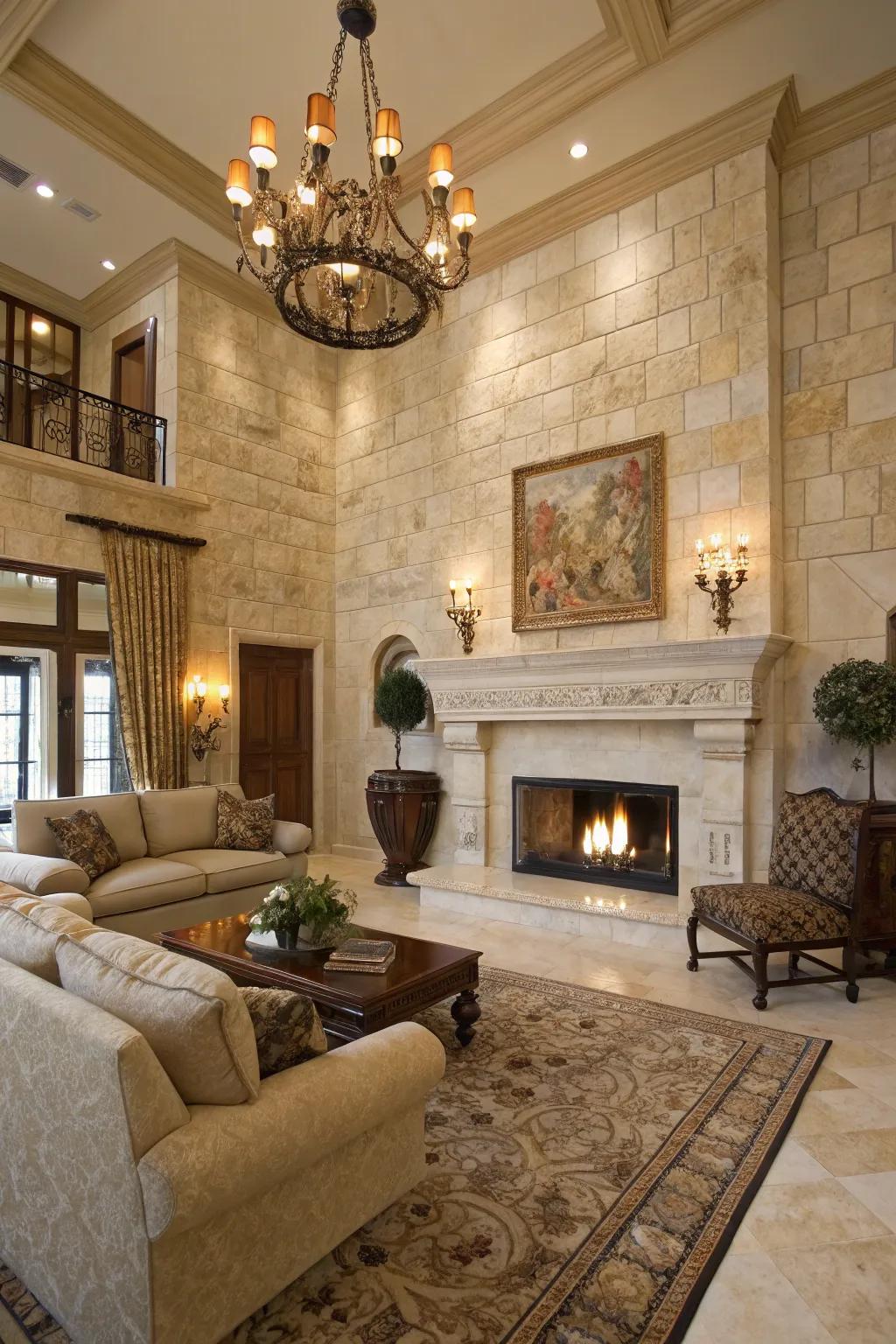 Family room featuring opulent genuine stone tiling surrounding the fireplace.