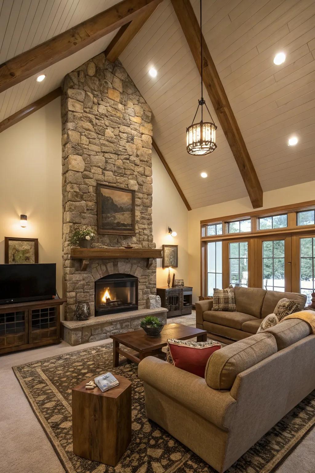 A stone fireplace serves as a cozy centerpiece in a vaulted ceiling room.