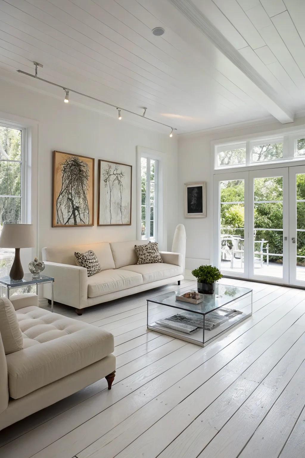Modern furniture complements the modern aesthetic of white wood floors.
