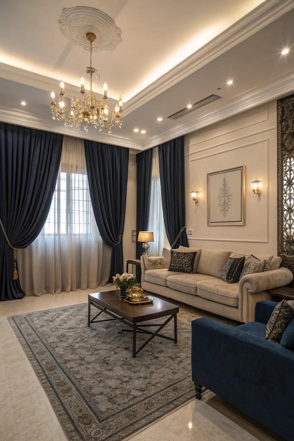 Profound sky-tinted drapes provide a dramatic backdrop, adding depth and refinement to the area.