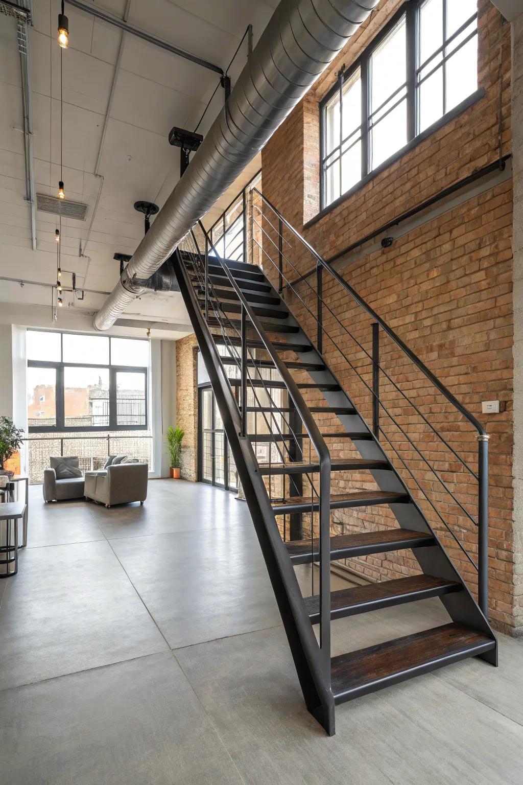 Metal staircases add a functional yet stylish industrial touch.