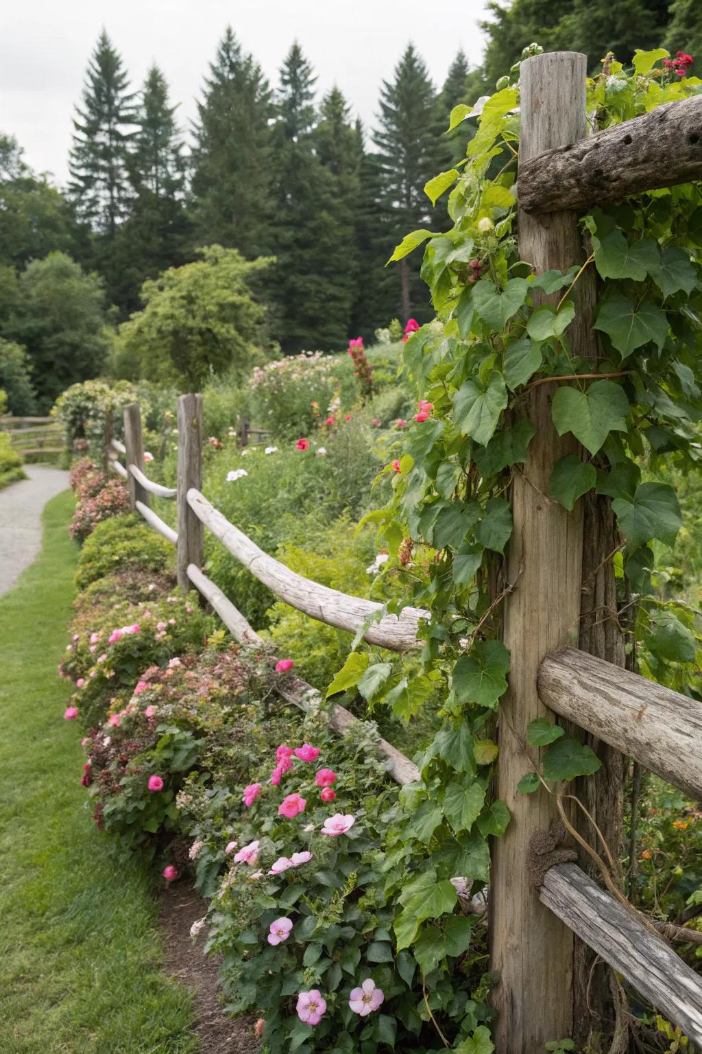 Log fences serve as perfect supports for climbing plants.