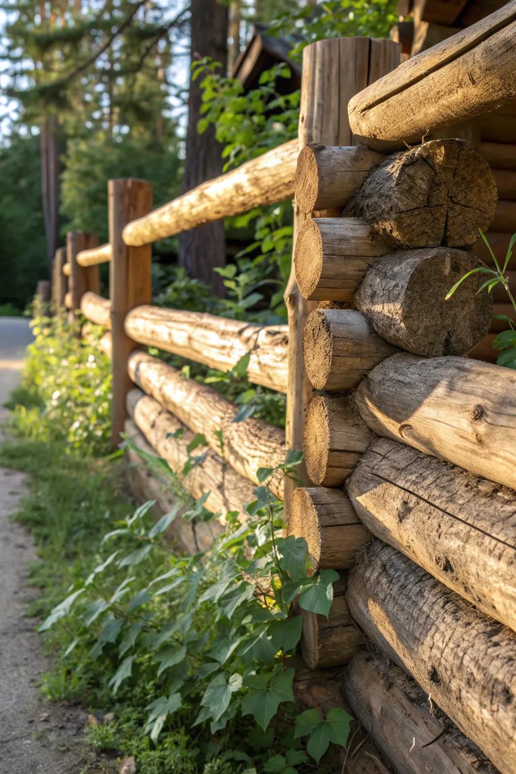 Embrace rustic elegance with a handcrafted log fence that seamlessly blends privacy and nature.