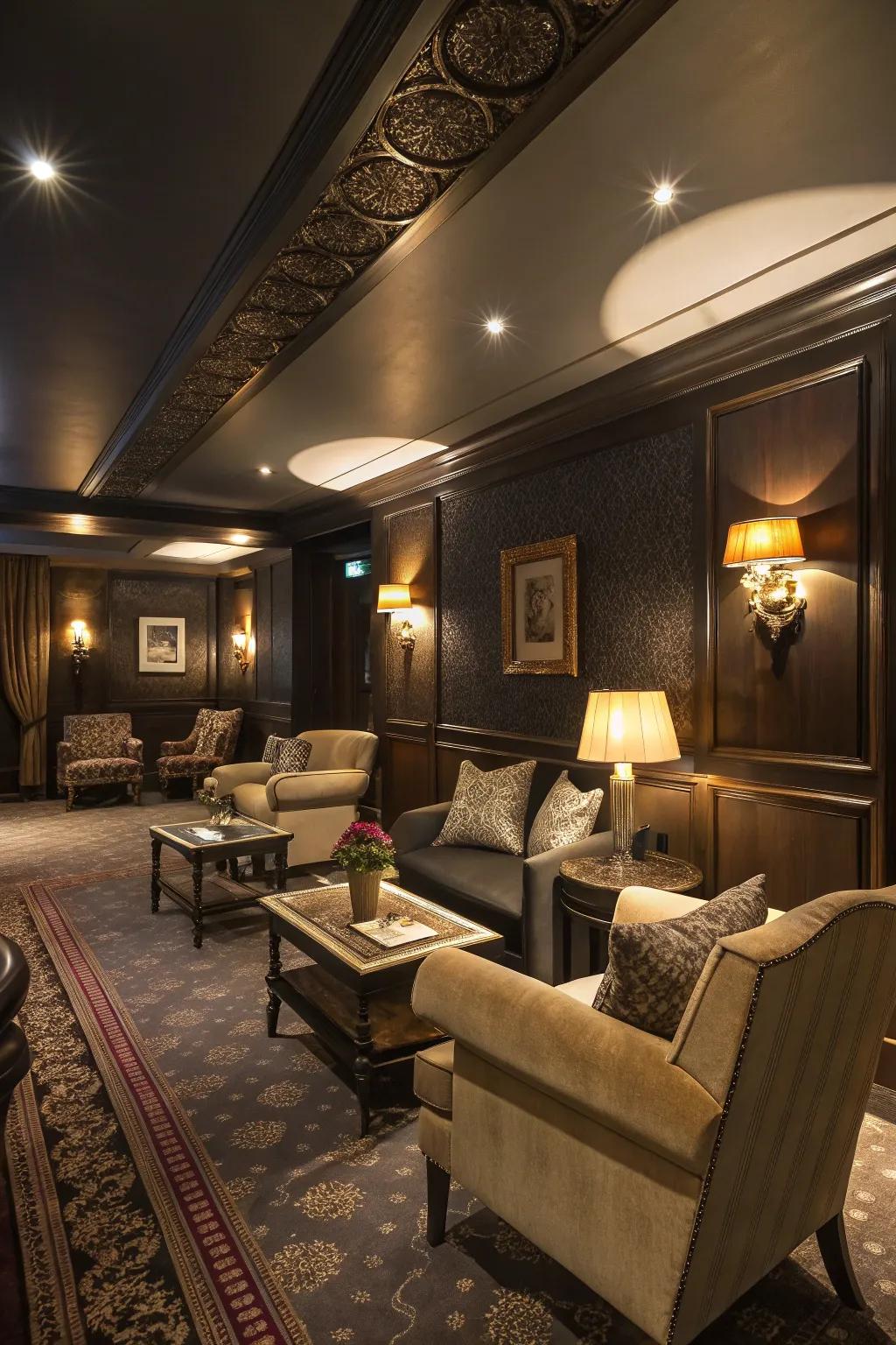 A dark-colored living room provides a cozy, cocoon-like ambiance.