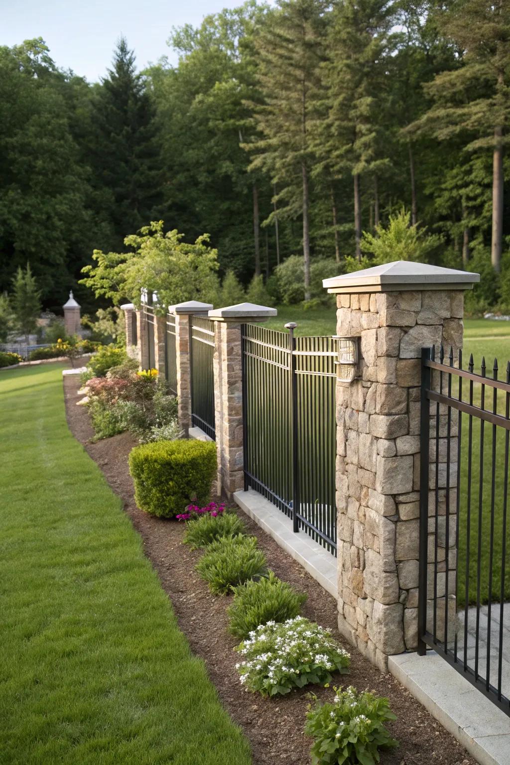 Stone columns combined with metal panels fashion a sturdy yet elegant front garden fence.