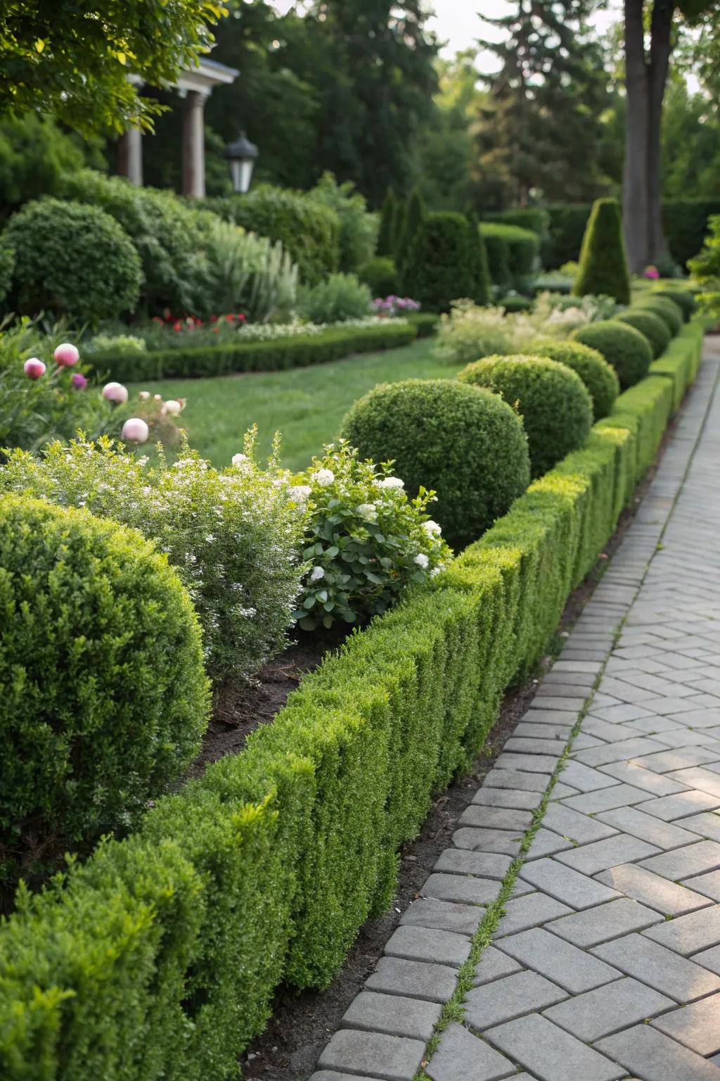Boxwood provides a structured, evergreen presence.
