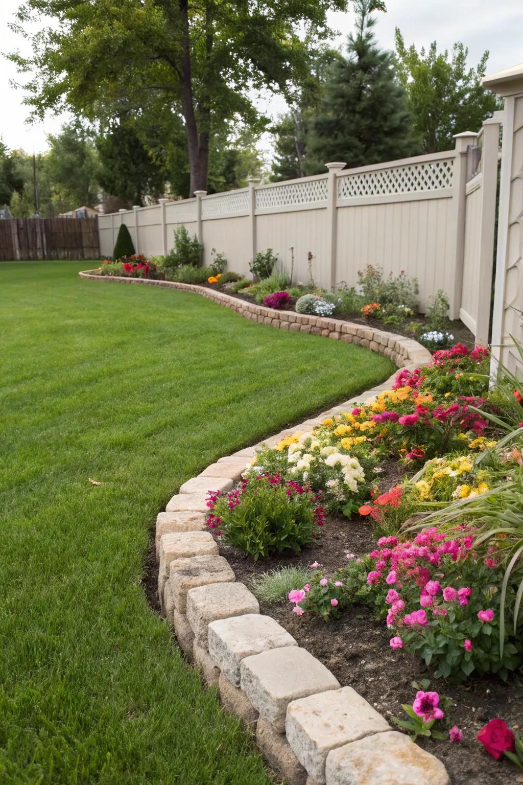 Stone borders clearly define the garden, providing a neat and organized look.