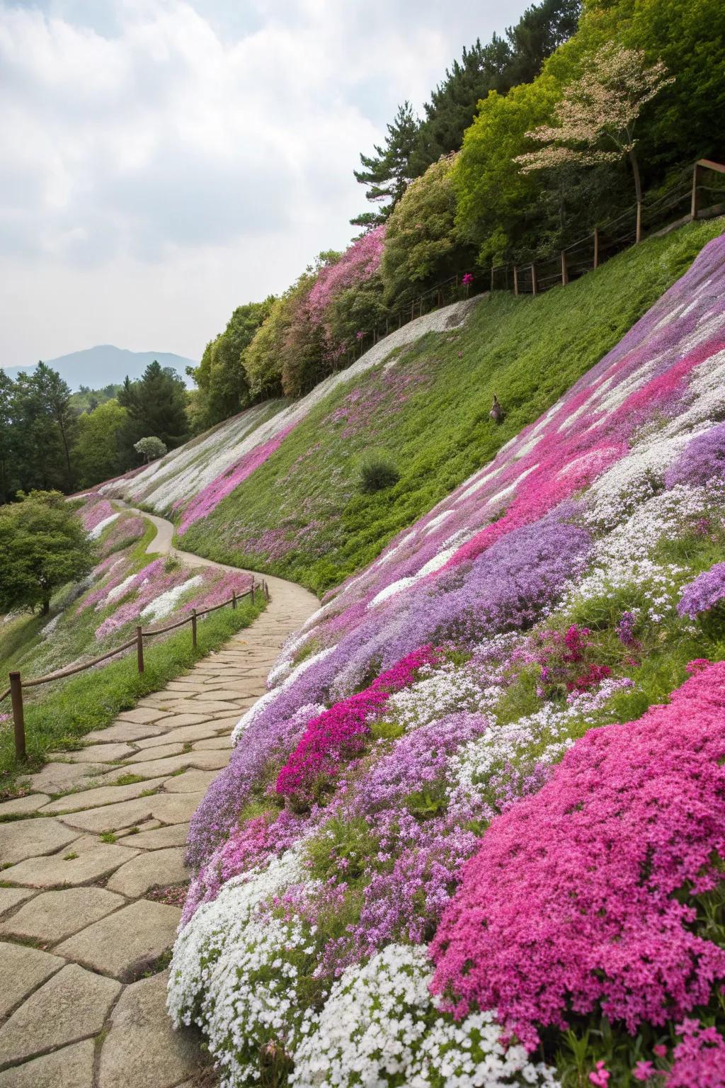 Carpet Phlox cascading down a garden slope.