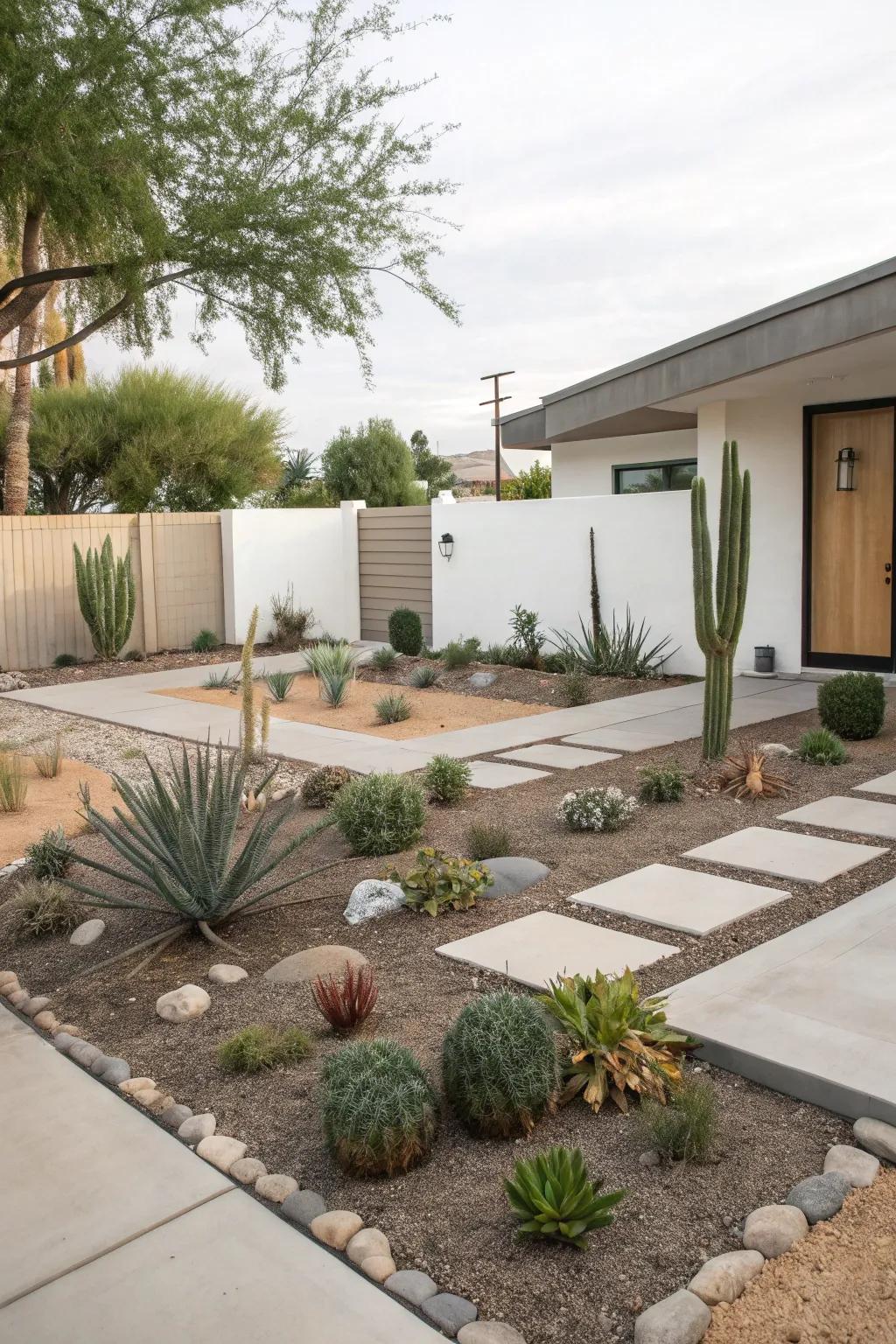 Minimalist design in a xeriscape front yard brings serenity and simplicity in maintenance.