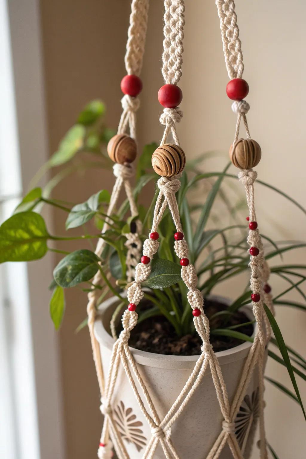 Elevate your plant display with a macrame hanger that blends rustic charm and boho elegance.
