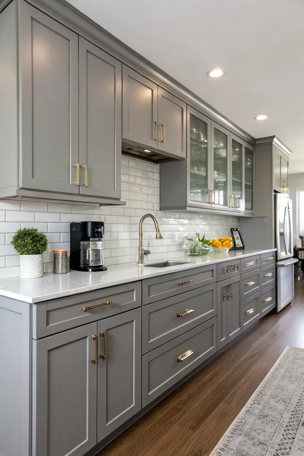A sleek kitchen featuring gray maple cabinets with modern accents.