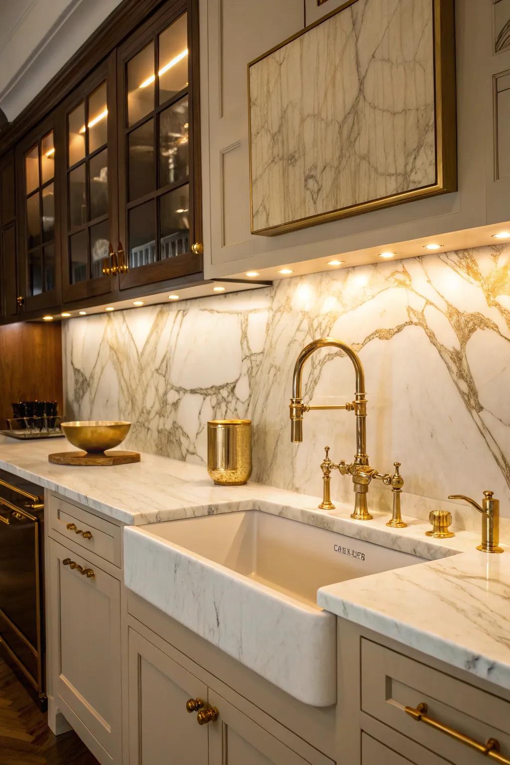 An opulent kitchen featuring a gold-veined Auric Stone backsplash.
