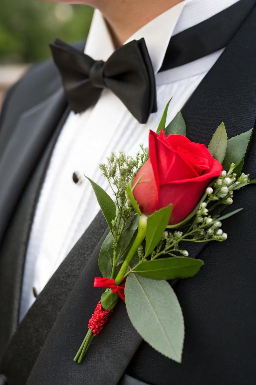 A striking crimson bloom boutonniere delivers a romantic message.