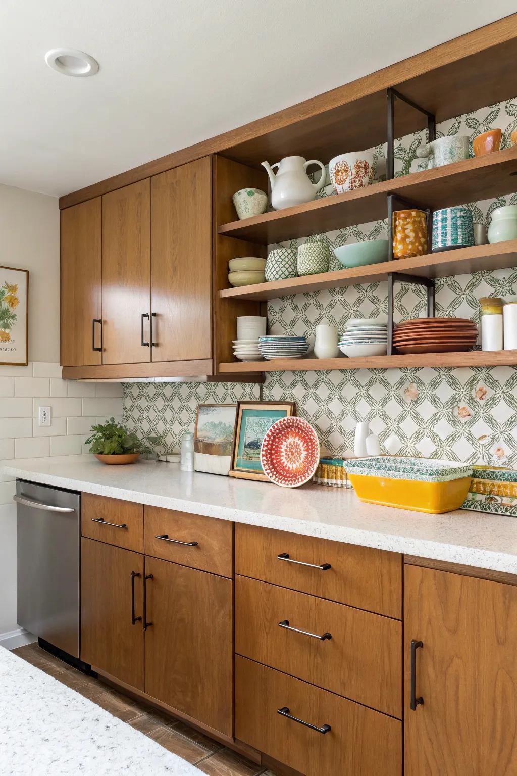 Open shelving provides a practical display space in this mid-century modern kitchen.