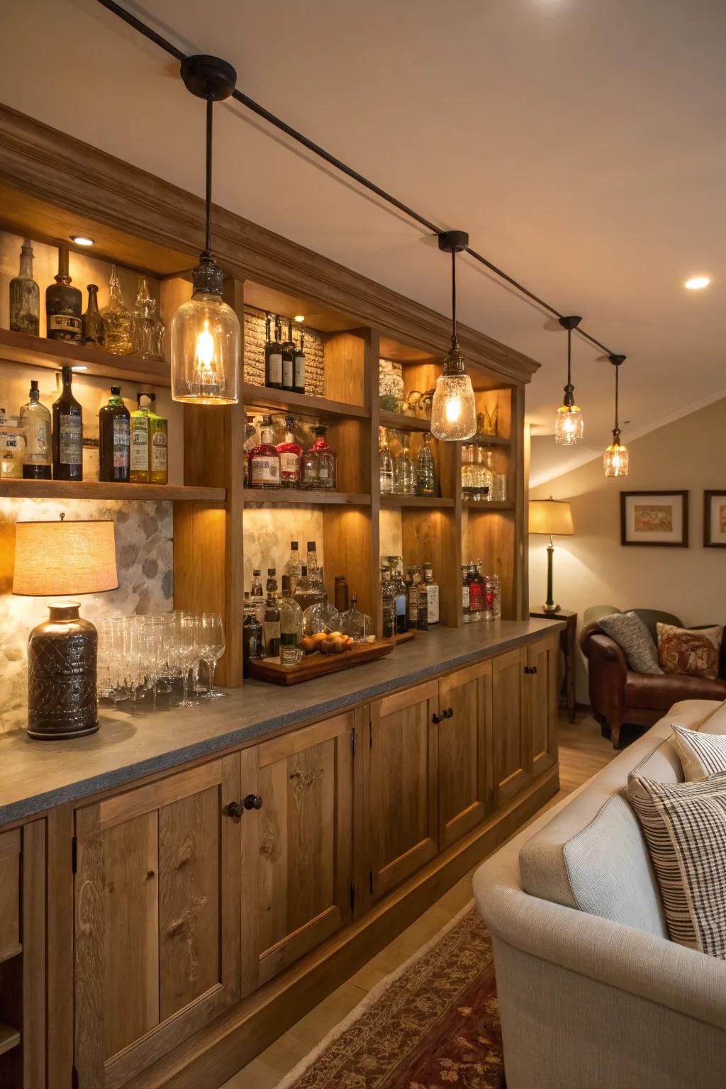 Ambient light amplifies warmth and fascination to a residential bar arrangement.