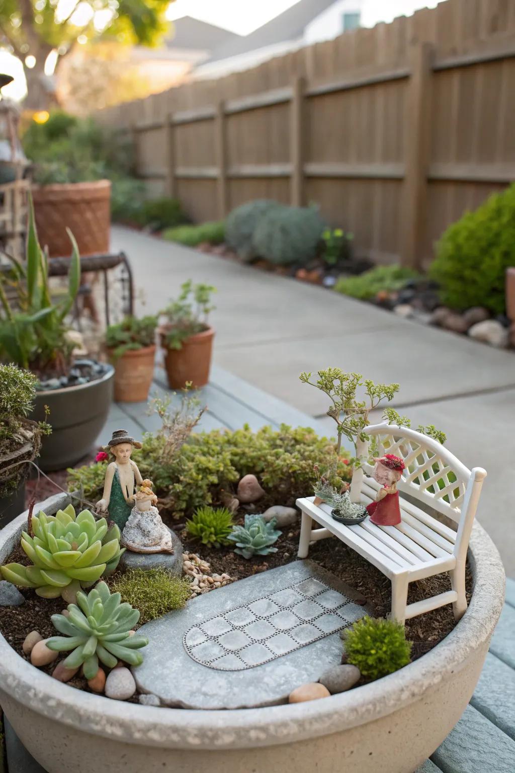 A whimsical fairy garden thrives amidst succulents.