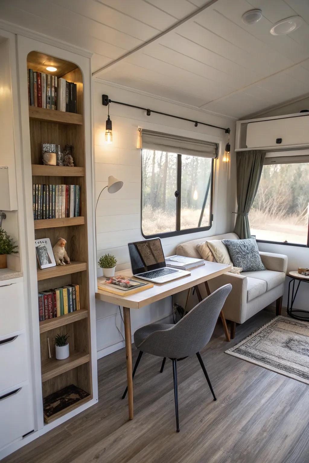 A chic home workplace with a desk and books display, providing a dedicated workspace in a mobile home.