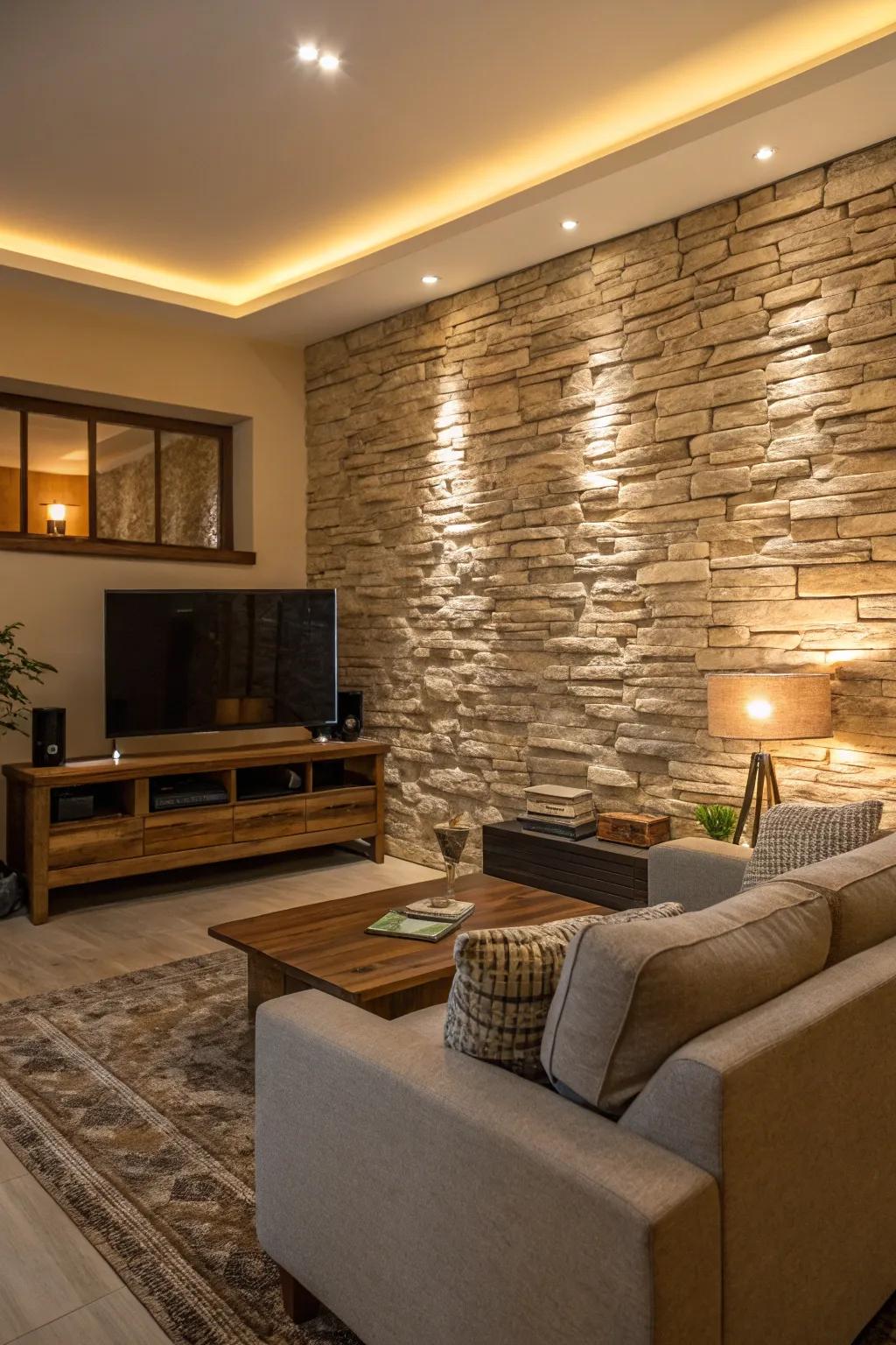 A stone accent wall adds rustic charm and texture.