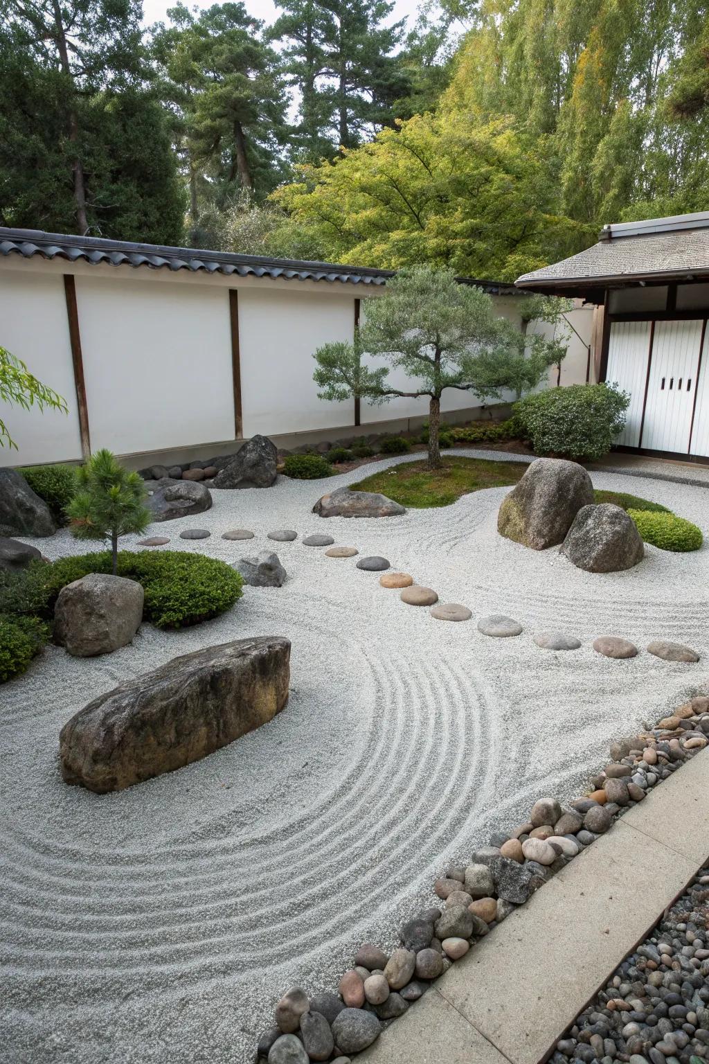 A peaceful Zen rock garden with gravel thoughtfully arranged.