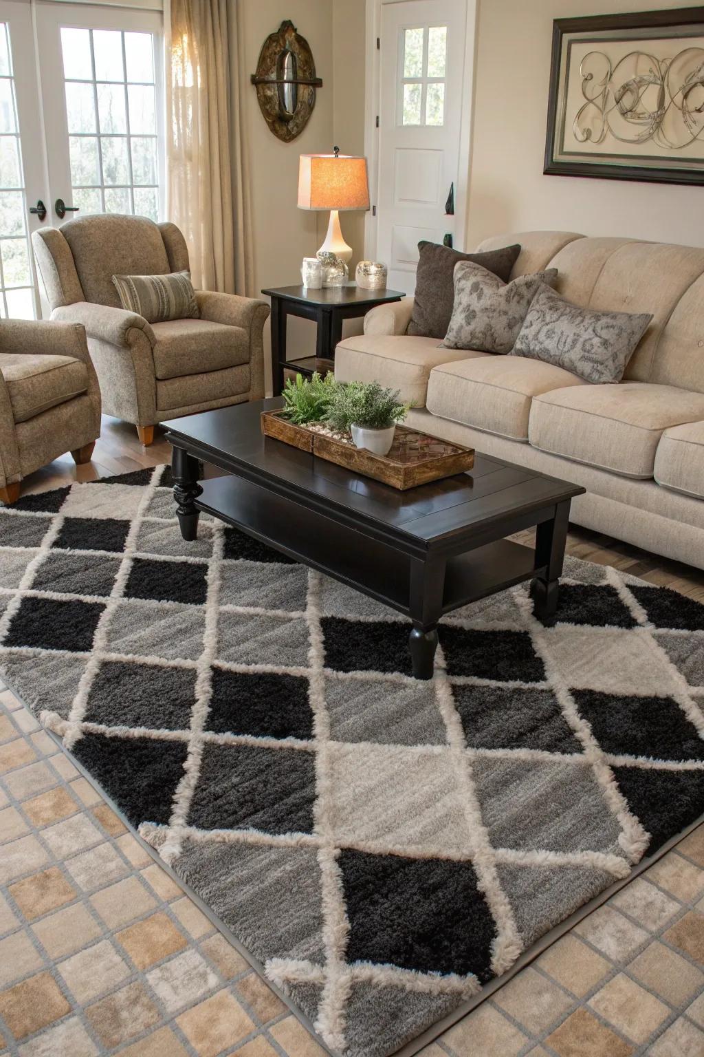 An area rug in black and grey ties the entire space together.