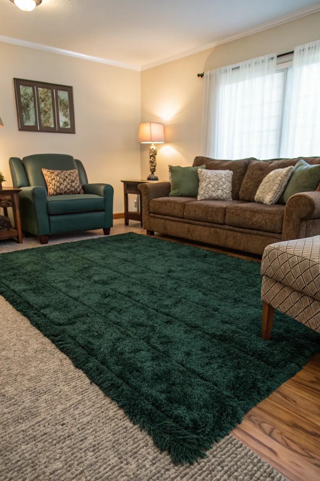 A textured rug enriches the room with depth and warmth.