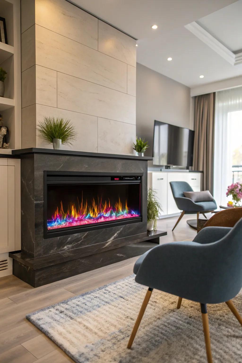 A modern setting features an electric fireplace with dynamic multicolor flames.