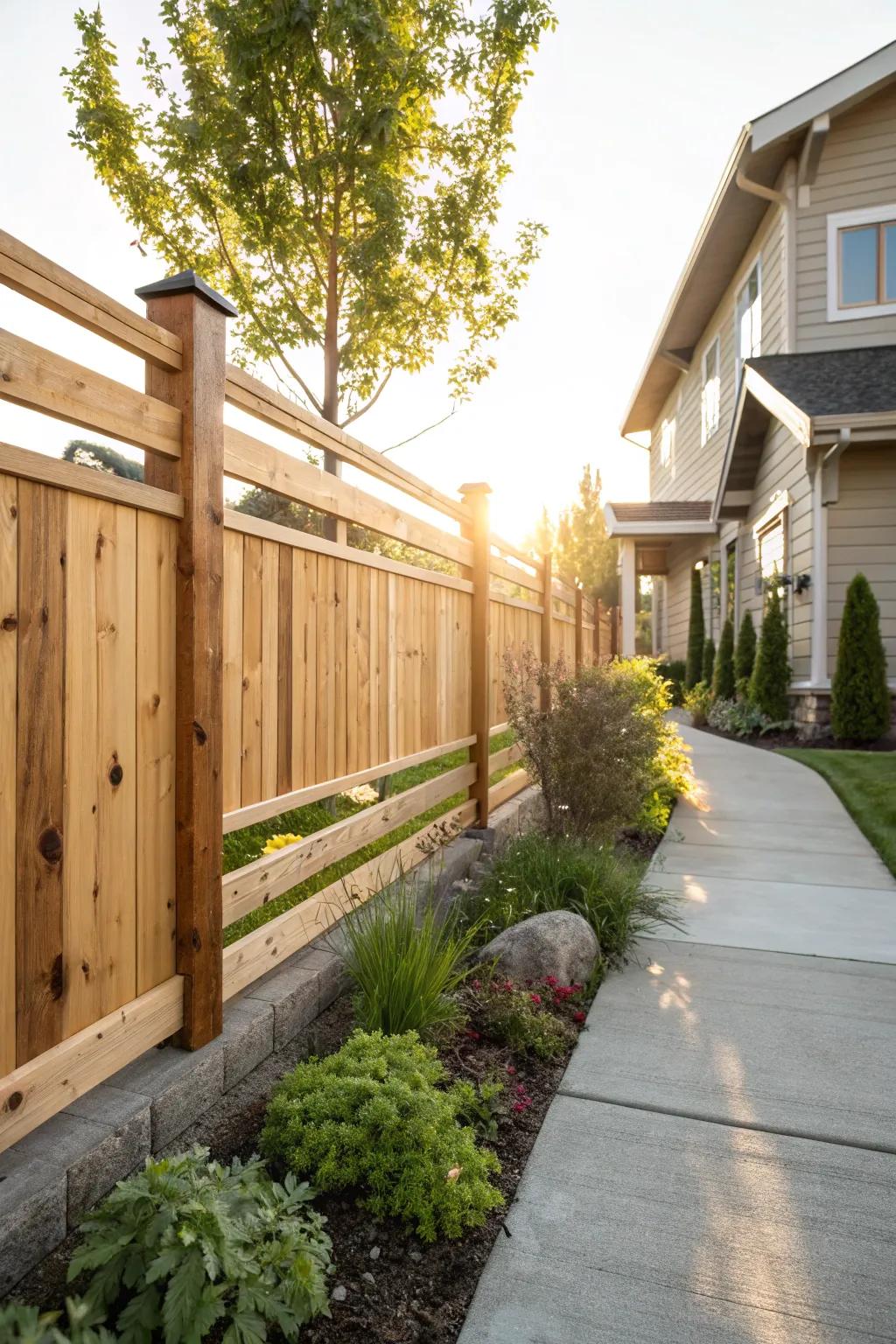 Natural wood tones bring rustic warmth and unique character to this farmhouse fence.