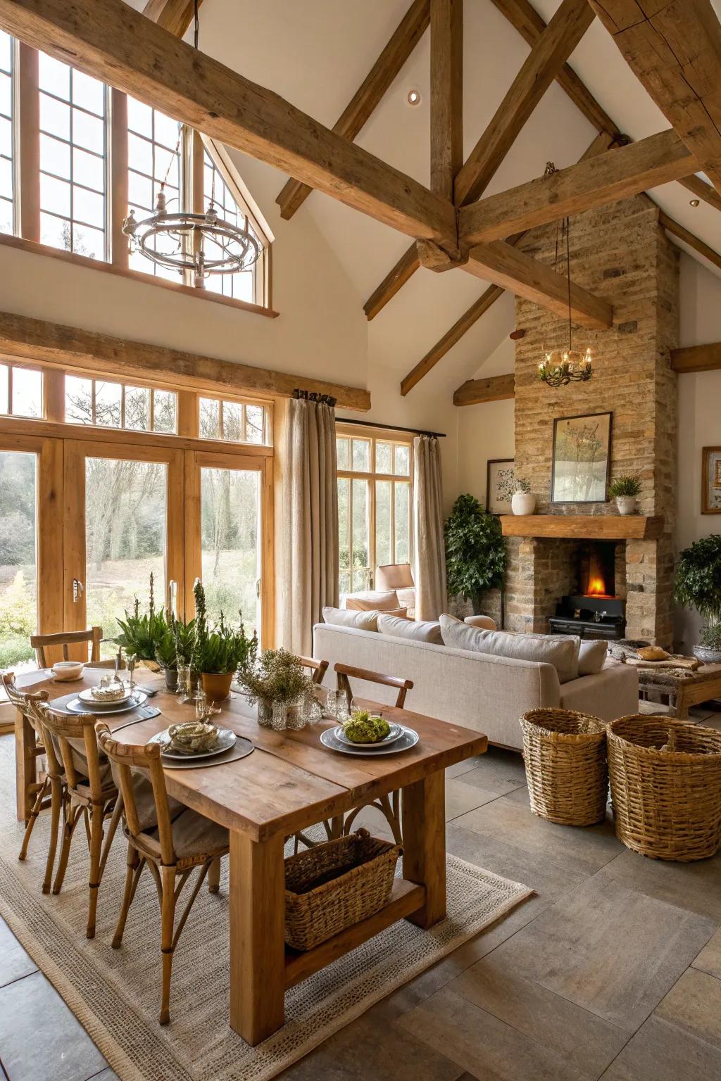 An open-plan layout accentuates the breezy atmosphere of a modern farmhouse interior.