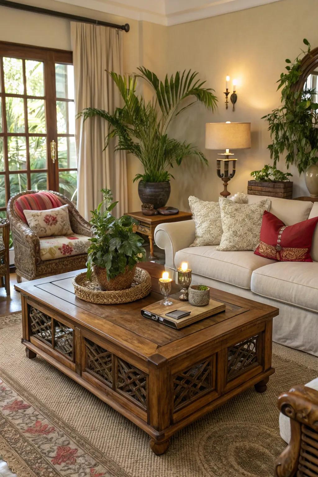 Organic wooden accents bring warmth and texture to the farmhouse lounge.