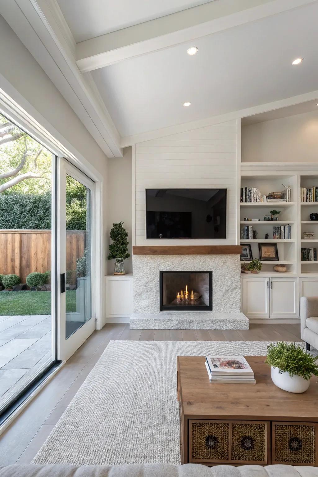 An inset alcove provides a streamlined aesthetic for a TV above a fireplace.