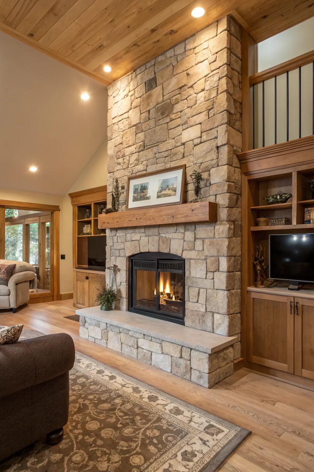 A modern hearth encased in natural stone, adding to the warmth and sensory appeal.
