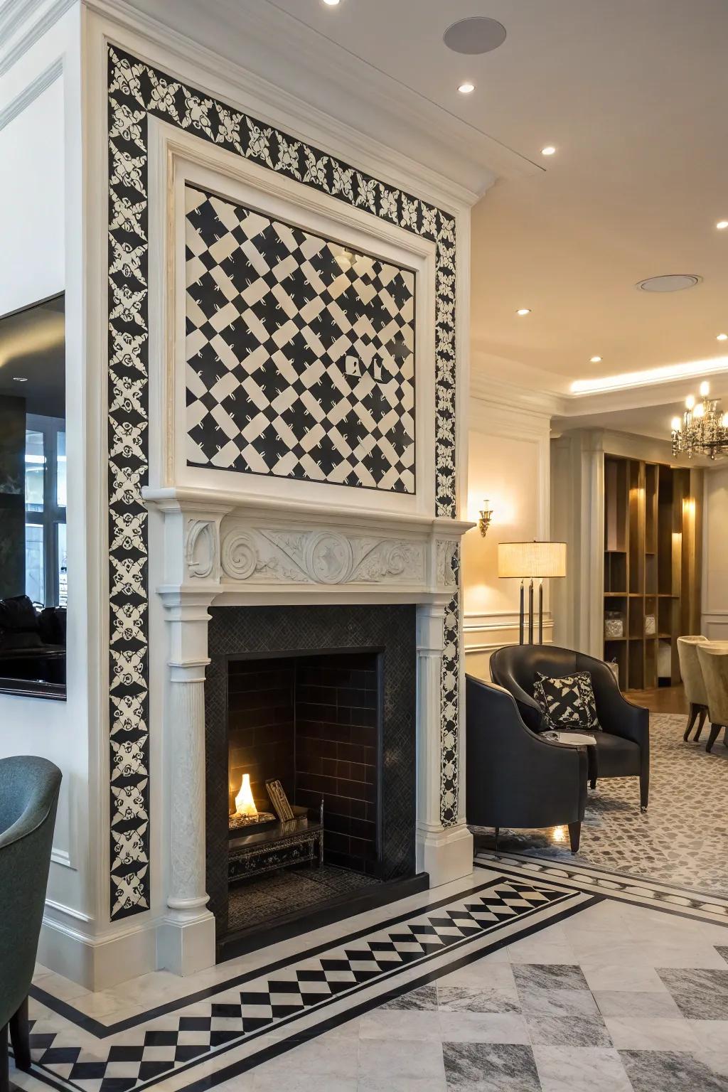 A contrasting black and white tiled fireplace.