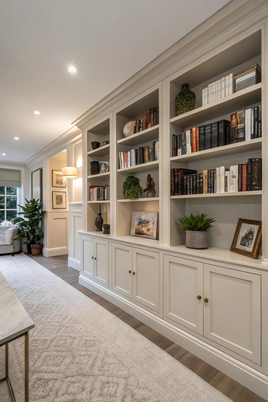 Stylish built-in storage creates a modern flex room.