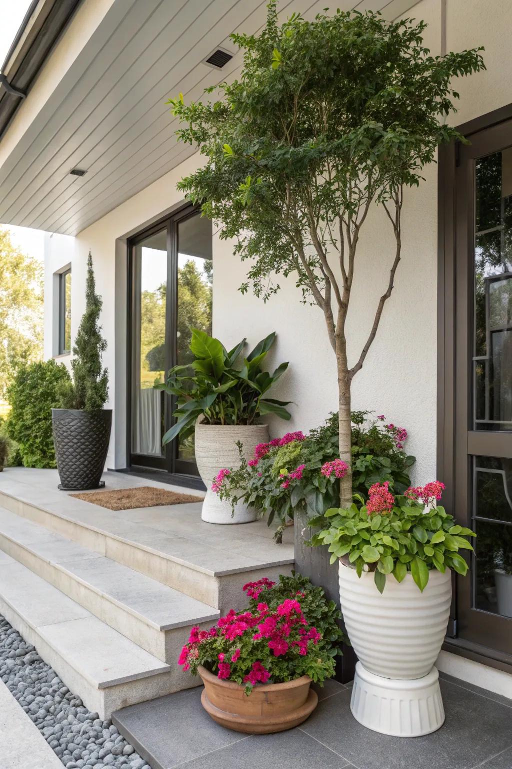 Abundant greenery brings a refreshing touch to a modern porch.