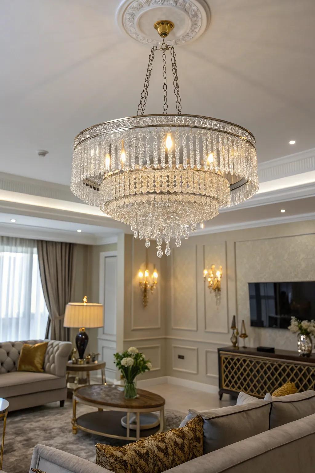 Luxurious lighting fixtures in gold and silver illuminate the room with elegance.
