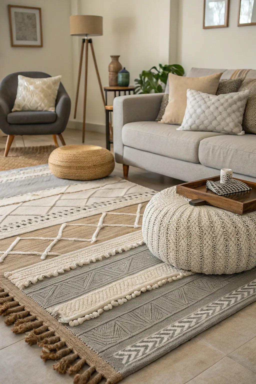 Stratified floor coverings impart texture and comfort to the living space.