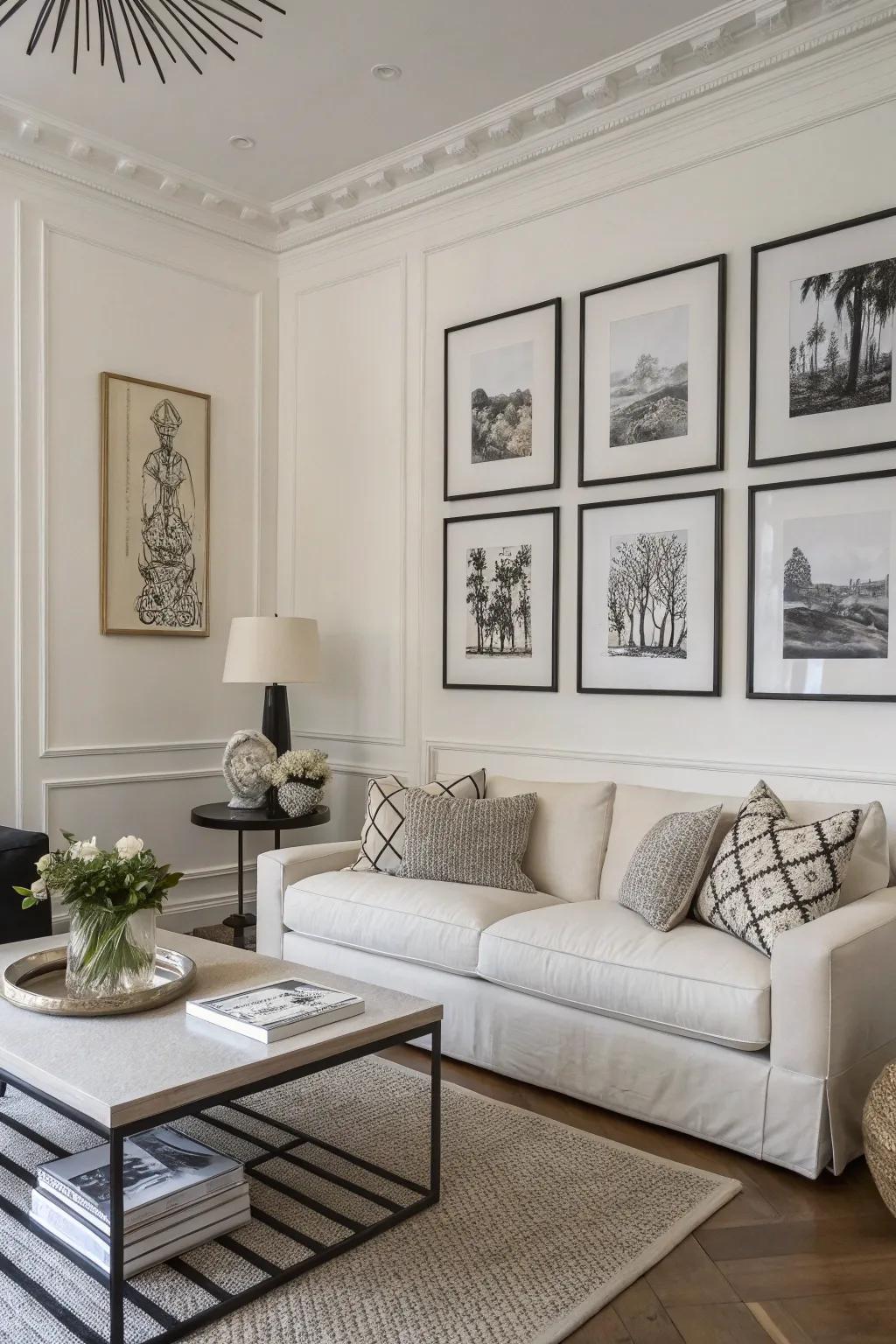 Simple art pieces contribute sophistication.