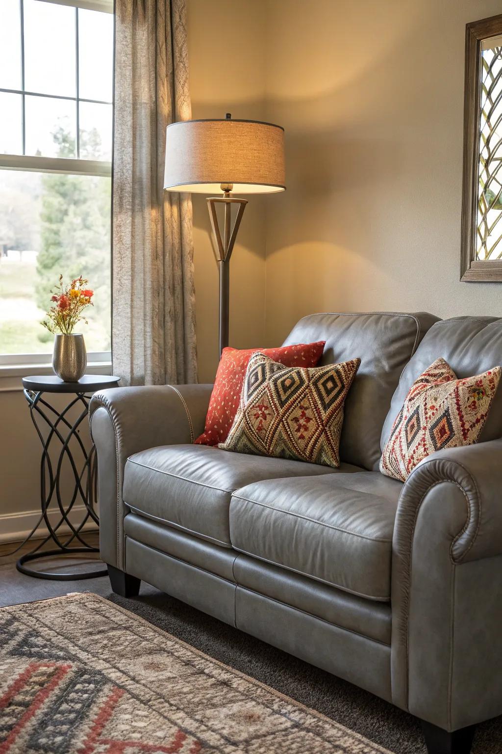 Stylish enhancements complementing a charcoal hide settee in a contemporary family room.