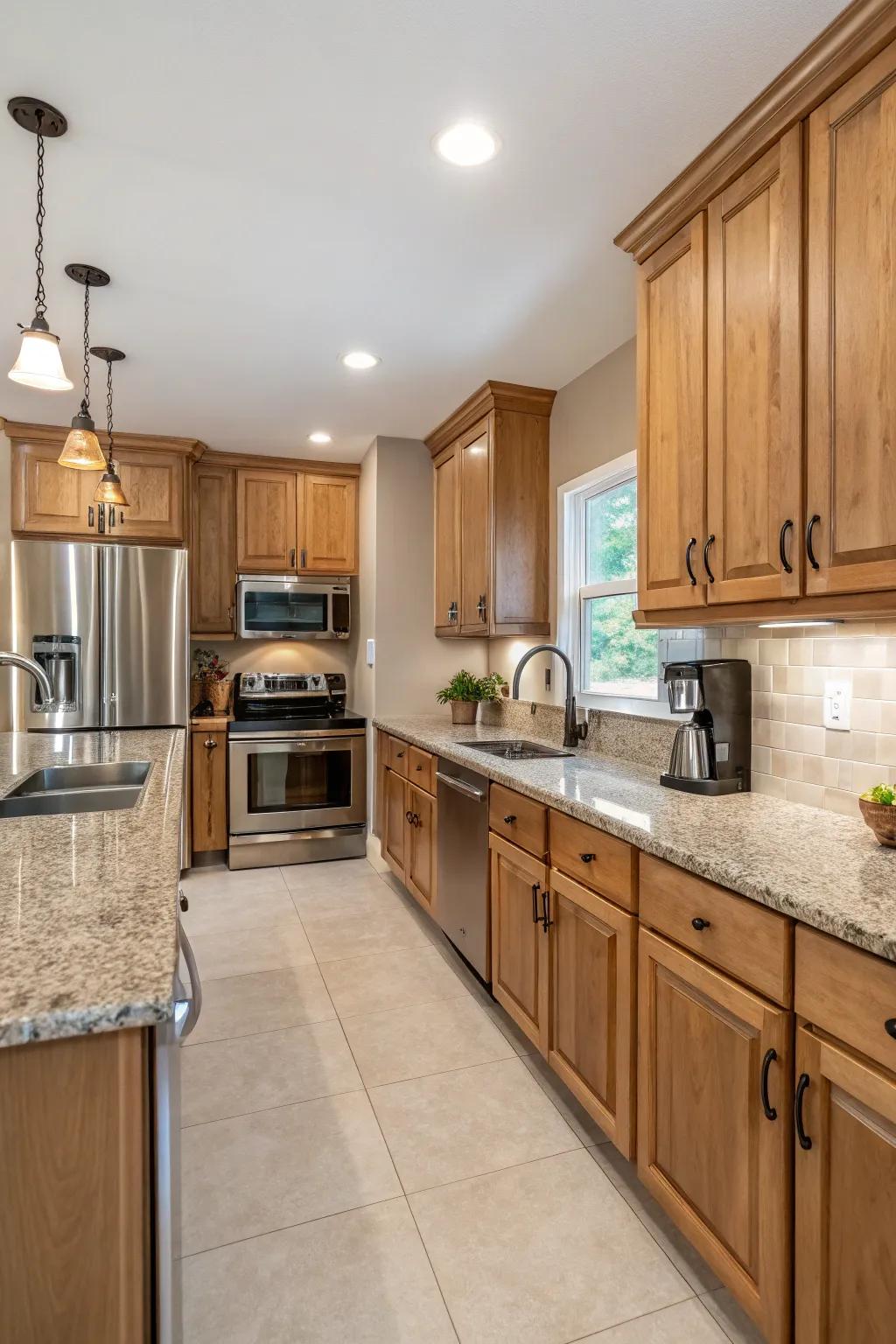 A mix of materials creates a rich texture in a hickory kitchen.