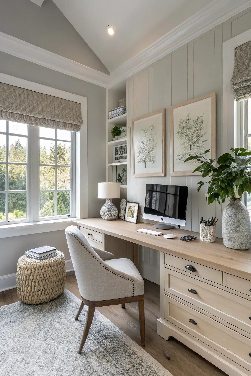 A soothing neutral color scheme in a home office.
