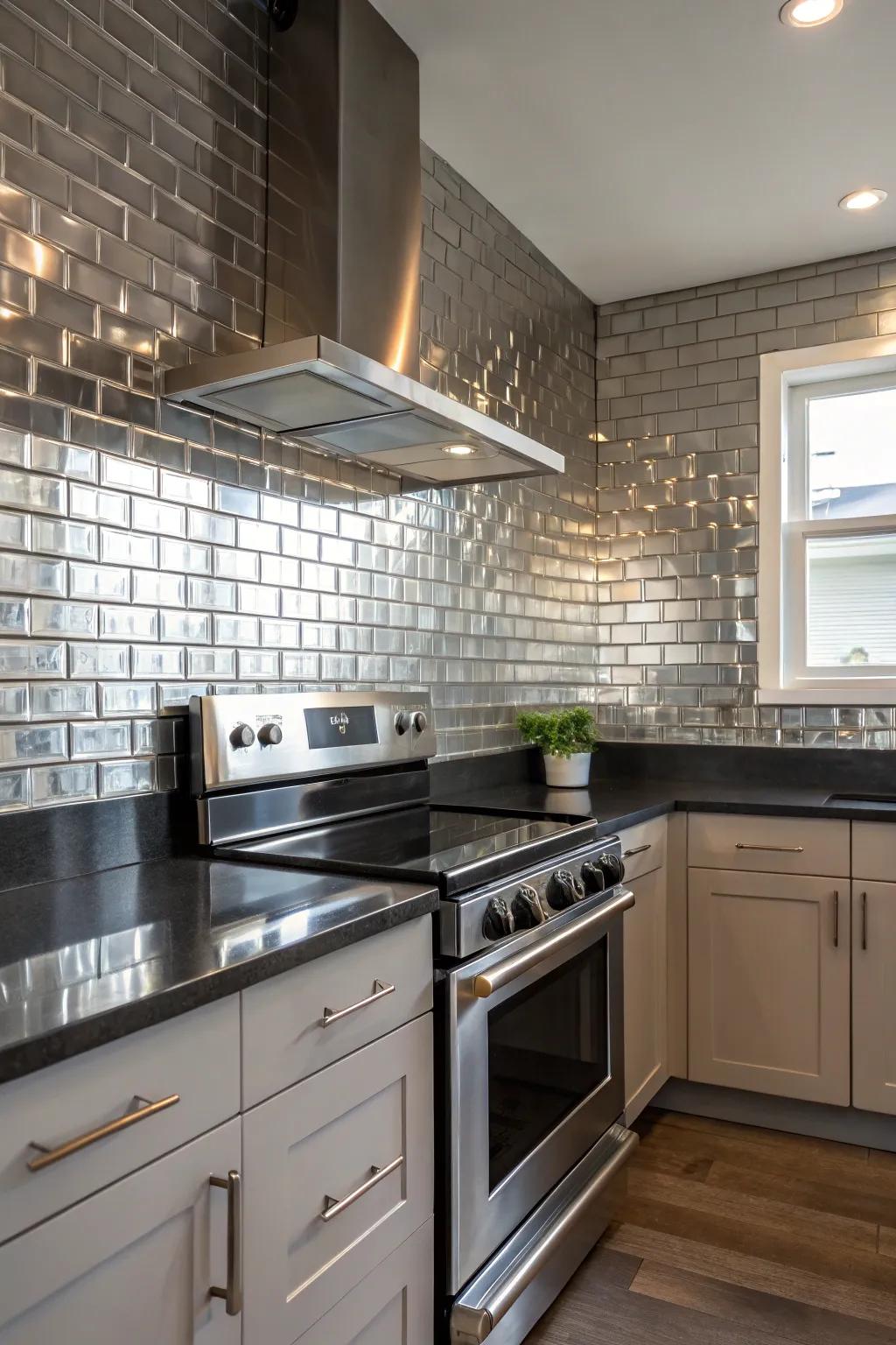 Metallic tiles introduce a sleek and luxurious feel.