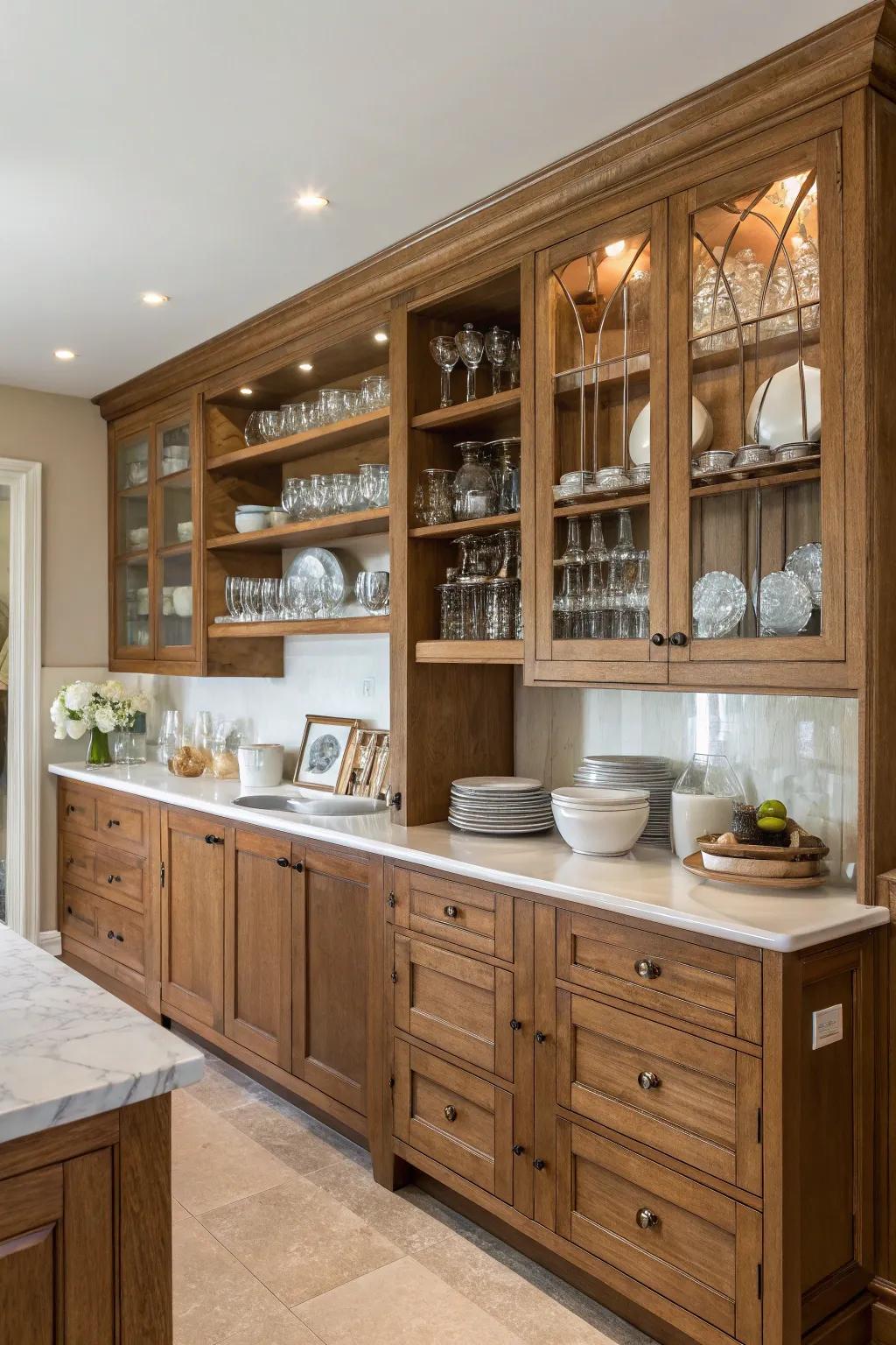 Open shelves enhance the inviting tones of paneled-oak cabinets, combining charm with utility.