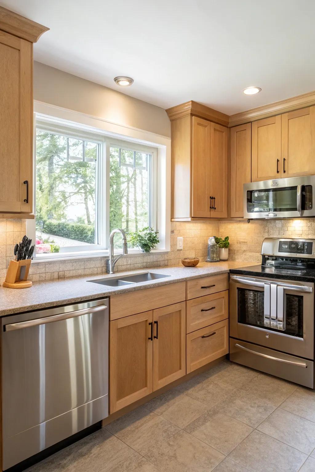 Stainless steel appliances pair beautifully with light maple cabinets for a sleek look.