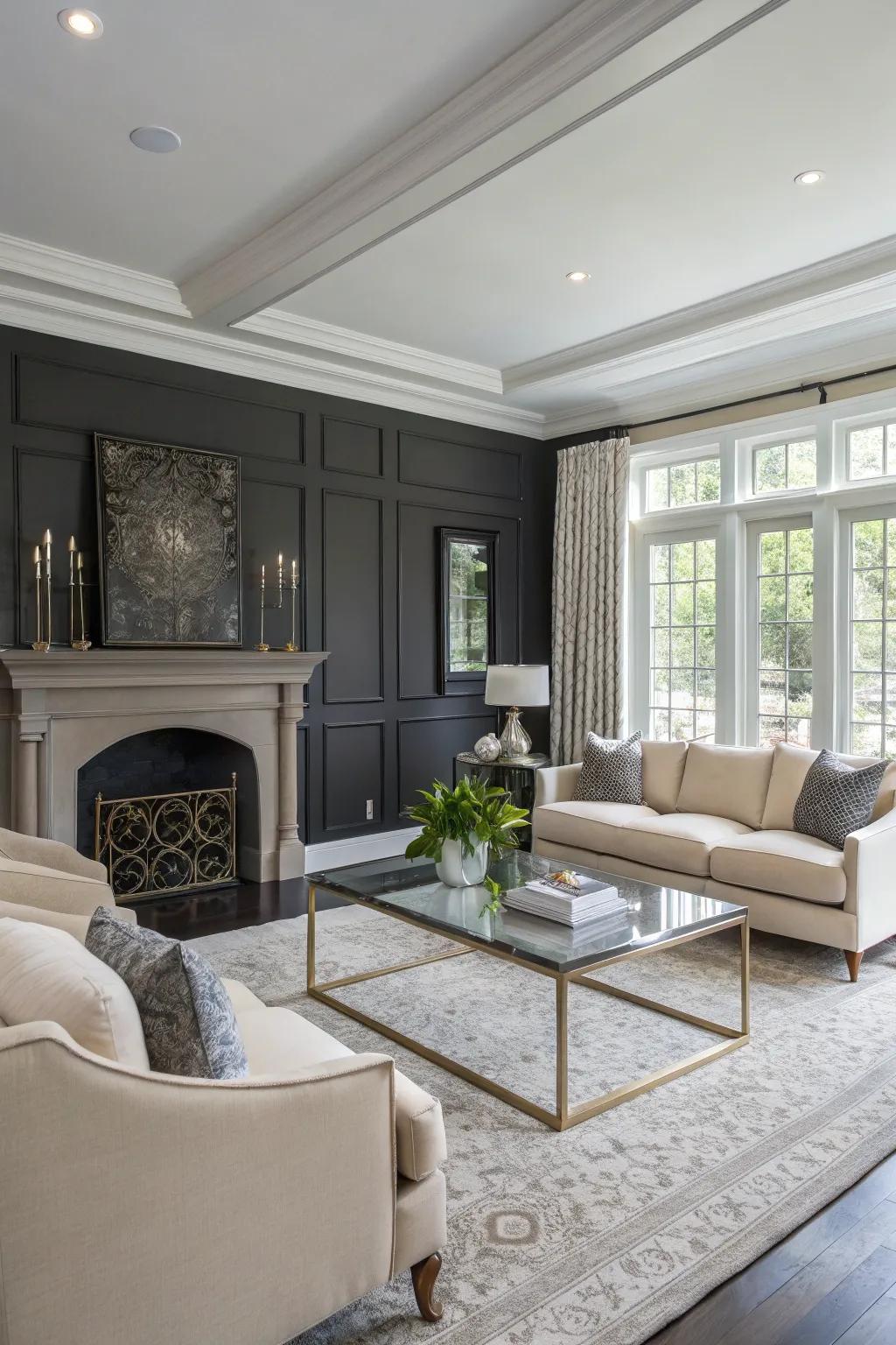 Coal tint walls establish a refined foundation for this fashionable living space.