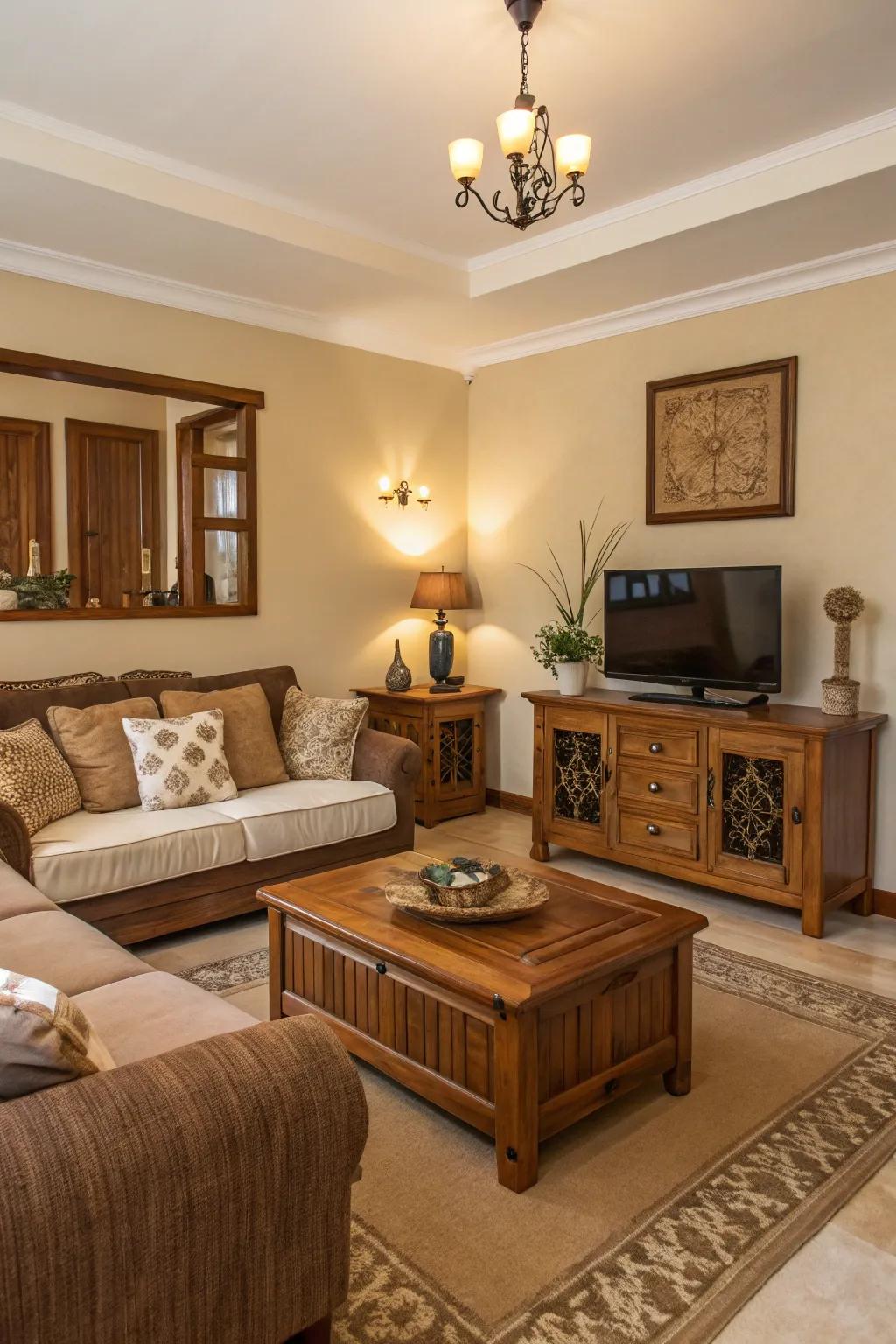 Earthy tones create a calm and elegant atmosphere in this lodge interior.